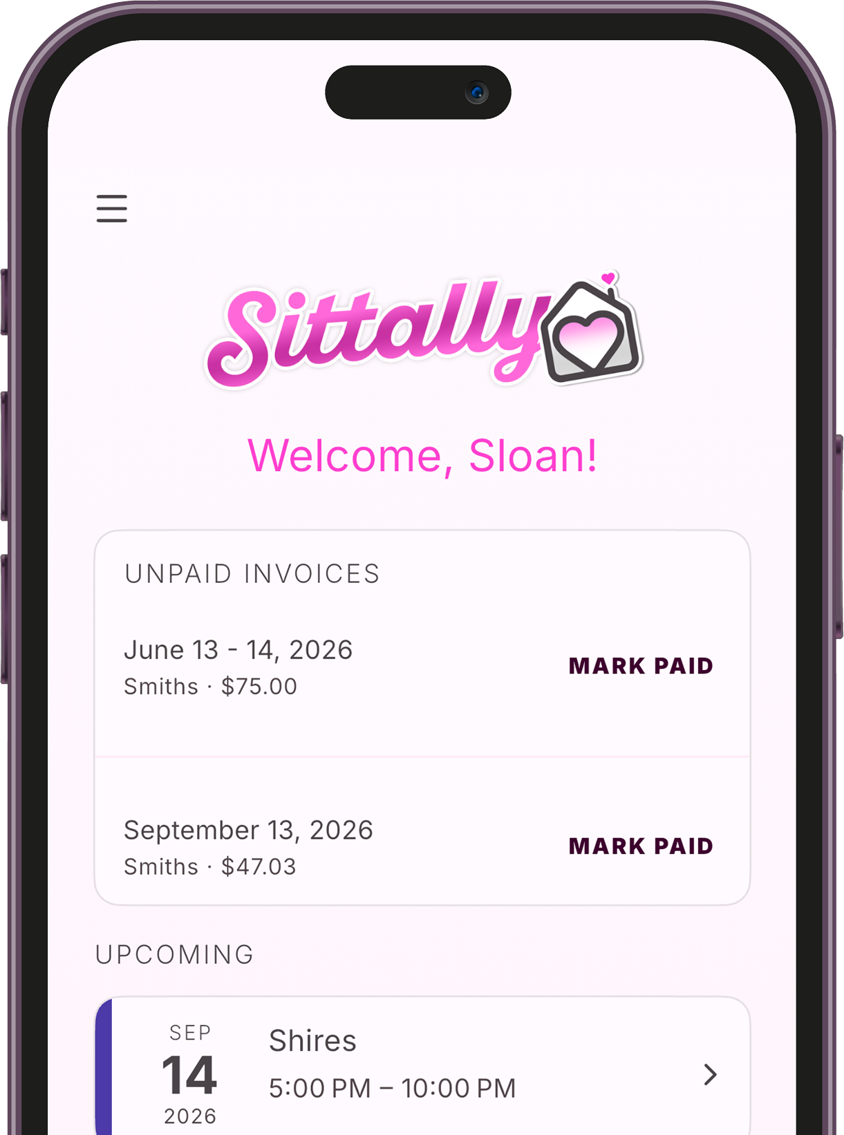 Sittally on iPhone, showing unpaid invoices and upcoming sits